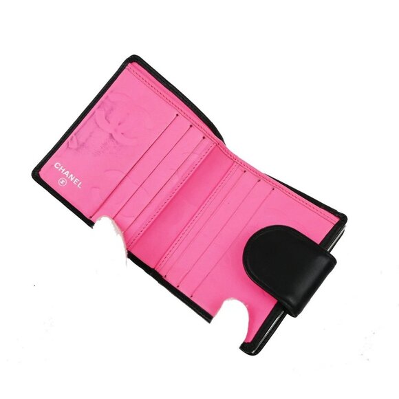 CHANEL CC Logo Cambon Bifold Wallet Leather Black Pink France 30KP049 - Picture 11 of 12